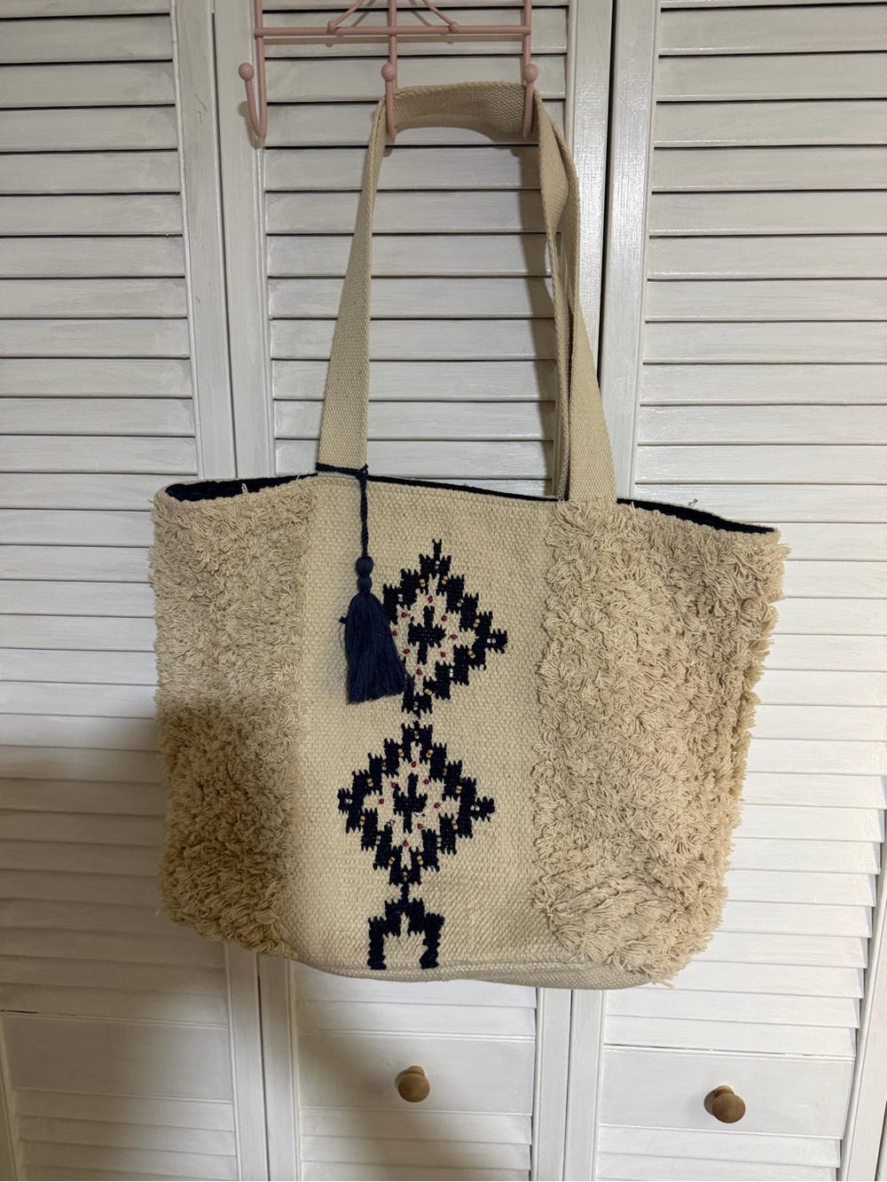 Cream & Navy Boho Tote Bag with Tassel